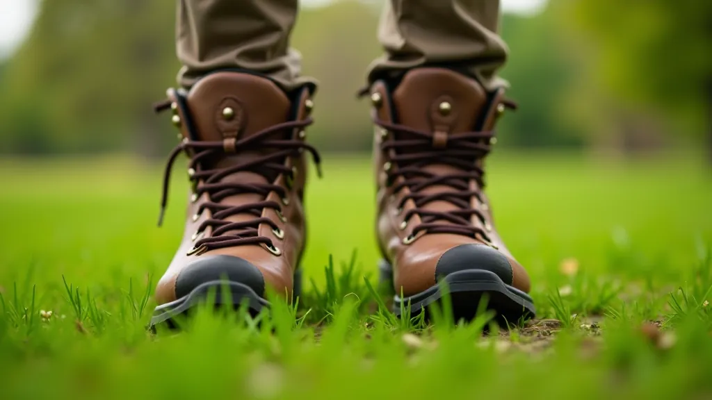 Zbliżenie na buty do chodzenia — brązowe trekkingowe buty na trawie parku, widoczna podeszwa i stabilna konstrukcja