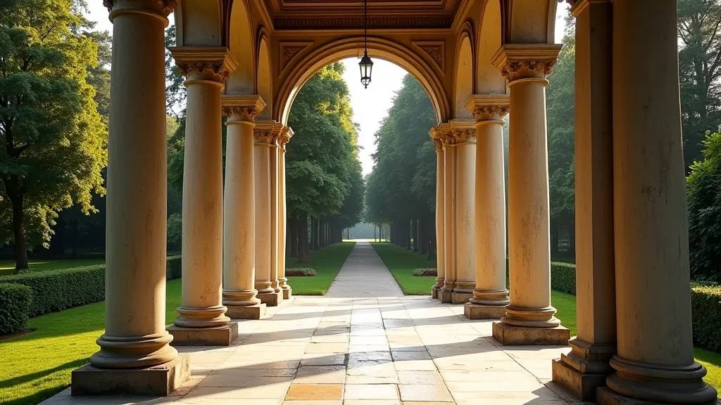 Zabytkowe kolumnady w Ogrodzie Saskim, klasyczna architektura, drzewa w tle
