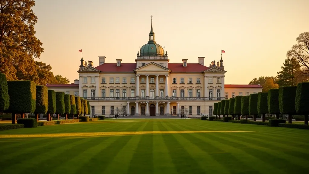 Pałac Saski podczas złotej godziny, oświetlenie wieczorne, rozległy gazon przed budynkiem