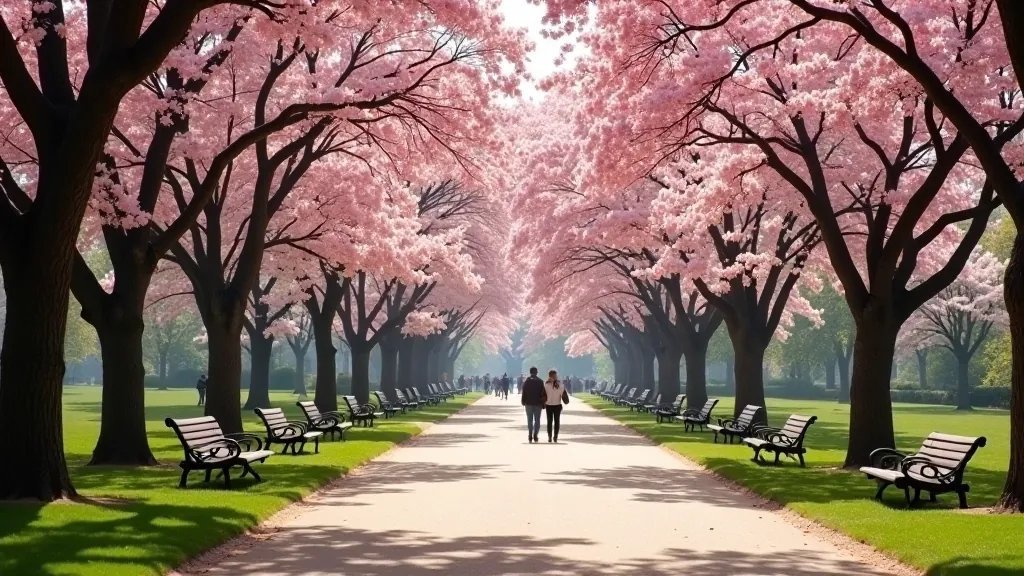 Park w wiosennym sezonie z kwitnącymi drzewami, ławkami do wypoczynku, ludzie spacerujący, naturalne światło poranne