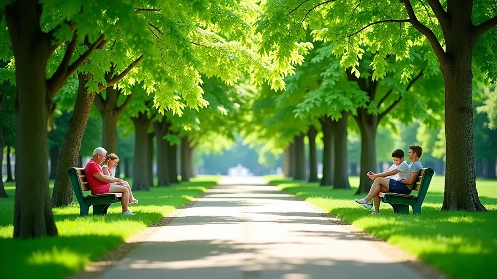 Letni park z zieloną roślinnością, cień drzew, ludzie odpoczywający na ławkach, jasne słoneczne światło